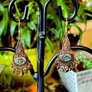 Cute colorful brass and Abelone shell boho dangle earrings